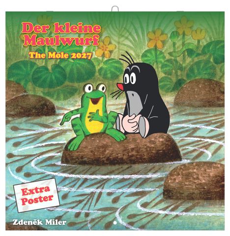 Text: "Der kleine Maulwurf", "The Mole 2027", "Extra Poster", "Zdeněk Miler". Illustration: Ein Maulwurf und ein Frosch sitzen auf Steinen im Wasser.