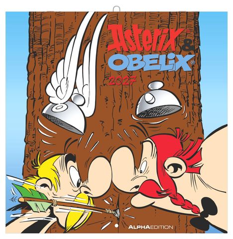 "Asterix & Obelix 2024" steht oben. Zwei Comic-Figuren mit Helmen stehen Nase an Nase vor einem Baumstamm.