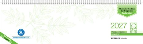 Maximaler Überblick durch tageweise Perforation. 2027. Grünes Blätterdesign, Umweltlogos.