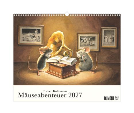 Torben Kuhlmann, Mäuseabenteuer 2027, DUMONT. Zwei Mäuse, Grammophon, Foto, Illustrationen an der Wand.
