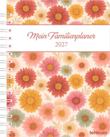 "Mein Familienplaner 2027" steht in der Mitte. Darunter bunte Blüten in Orange, Rot, Rosa und Grün. Links Spiralbindung.