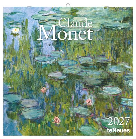 Text: "Claude Monet, 2027, teNeues." Impressionistisches Gemälde von Seerosen auf Wasser.