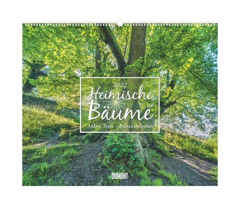 Text: "2027 Heimische Bäume. Native Trees · Arbres indigènes. DUMONT." 

Großer Baum in sonnigem, grünem Wald.