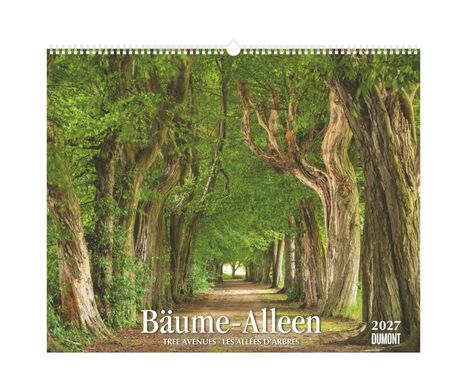 "Bäume-Alleen 2027, Dumont" steht auf einem Kalender. Zu sehen ist ein von Bäumen gesäumter Weg.