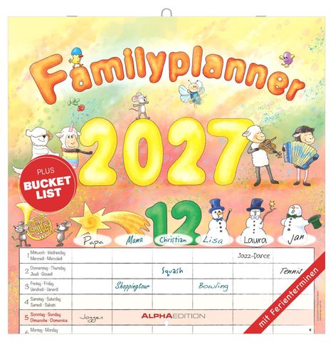 "Familyplanner 2027" in oranger Schrift. Figuren und Tiere umrahmen Zahlen und Namen. Bunte, verspielte Illustration.