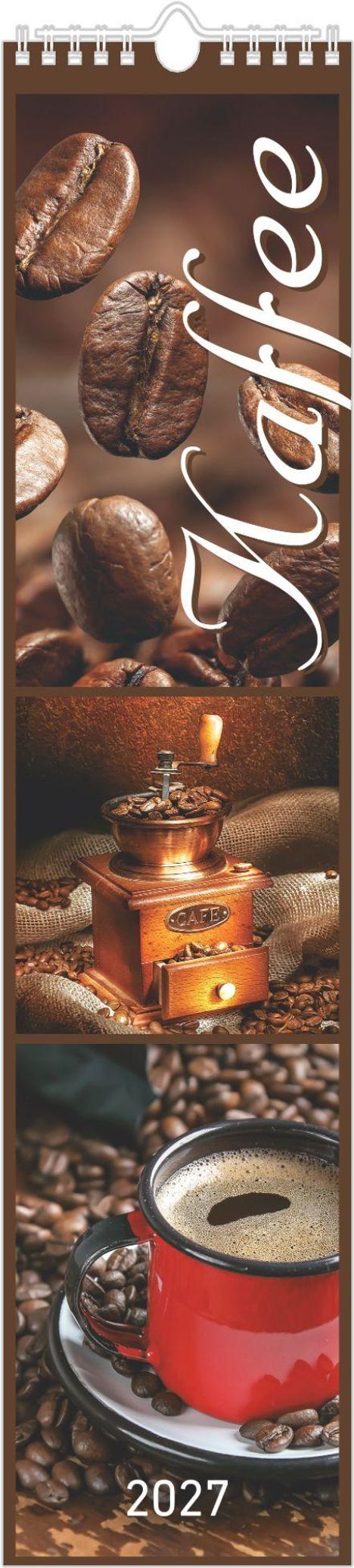 Großer Schriftzug „Kaffee“, darunter Kaffee in Bohnen, Mühle und Tasse. Jahreszahl „2027“ steht am unteren Rand.