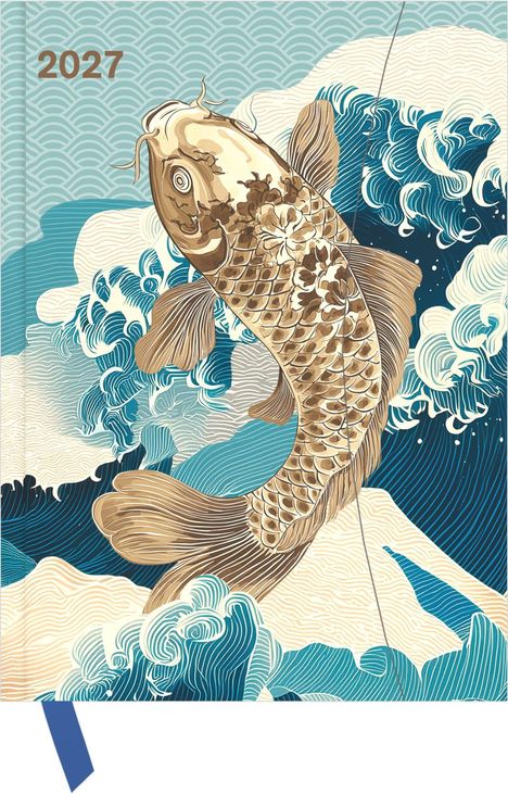 "2027" links oben. Illustration eines Karpfens, der in dynamischen blauen Wellen schwimmt.