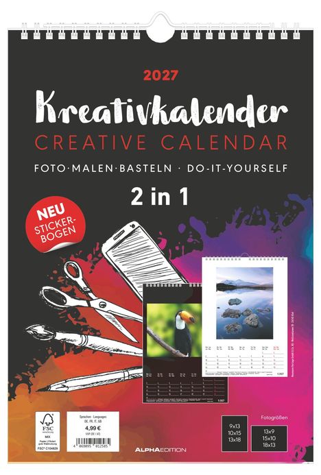 2027 Kreativkalender, Creative Calendar, Foto, Malen, Basteln, Do-it-yourself. Illustration mit Schere, Pinsel, Handy.