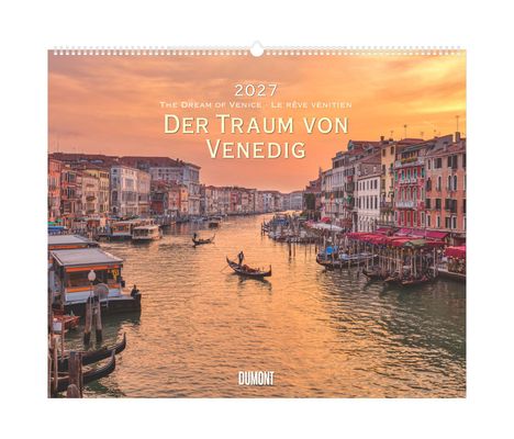 2027, The Dream of Venice, Der Traum von Venedig. Ein Kanal mit Gondeln, umgeben von historischen Gebäuden im Abendlicht.