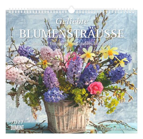 Text: "Geliebte BLUMENSTRÄUSSE" und "Beloved Bouquets · Adorables bouquets". Bunter Strauß in einem Korb.