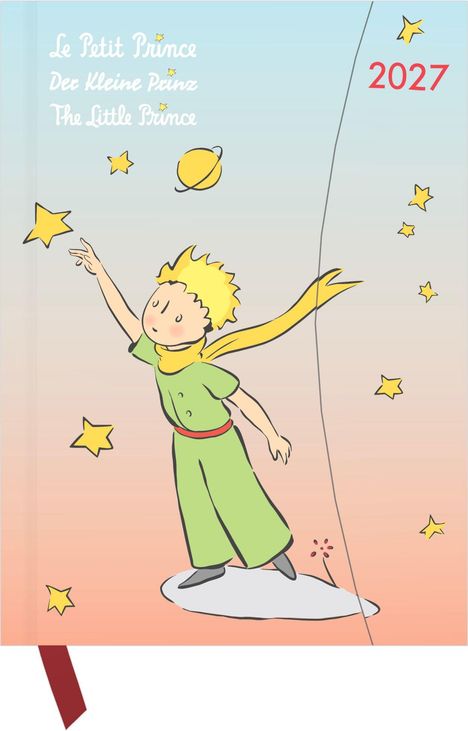 „Le Petit Prince, Der Kleine Prinz, The Little Prince“, „2027“. Der kleine Prinz greift nach Sternen in einer Illustration.