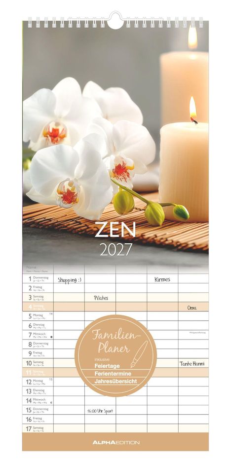 Kalenderseite 2027, "ZEN". Familienplaner mit Feiertagen. Foto: Orchideen, brennende Kerzen, Bambusmatte.