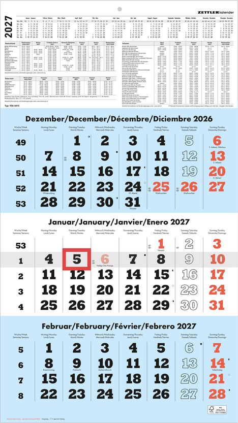 Kalender für Dezember 2026 bis Februar 2027. Feiertage wie Weihnachten und Silvester markiert. Wochentage mehrsprachig aufgelistet.