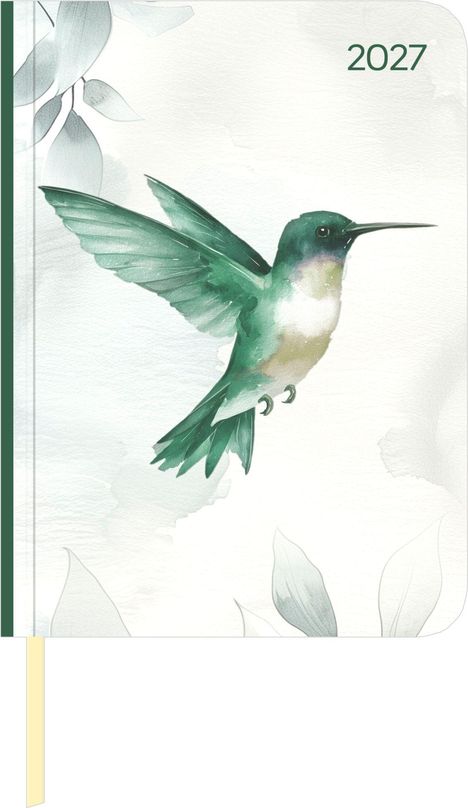 "2027" steht oben rechts. Aquarell eines Kolibris mit grünen Federn fliegend, begleitet von blassen Blättern im Hintergrund.