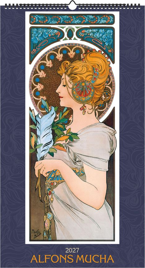 2027, Alfons Mucha. Illustration: Frau im Profil mit Blumen und Ornamenten, im Jugendstil mit reichen Details.