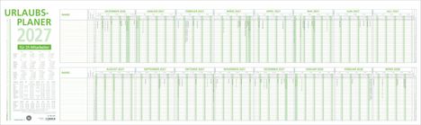 "URLAUBS-PLANER 2027 für 25 Mitarbeiter." Tabelle mit Monaten und Spalten für Namen, Tage und Wochen.