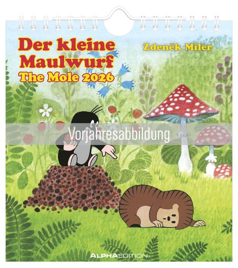 „Der kleine Maulwurf The Mole 2026“ und „Zdeněk Miler“ in bunter Schrift. Illustration mit Maulwurf und Igel.