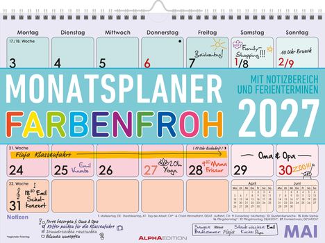 MONATSPLANER FARBENFROH 2027. Familienkalender mit bunten Notizen und Terminen, wie "Klassenfahrt" und "Yoga".