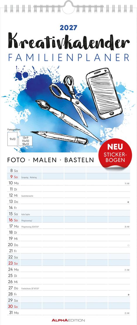 "2027 Kreativkalender Familienplaner. FOTO · MALEN · BASTELN. NEU STICKERBOGEN. Illustration mit Kunstutensilien."