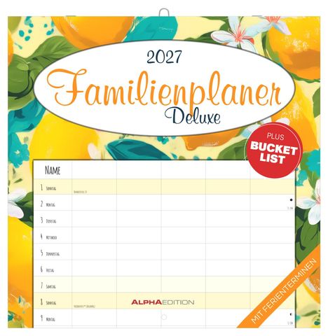 "Familienplaner Deluxe 2027" mit einer roten Plakette "PLUS BUCKET LIST". Blumiges Design in gelb und grün.