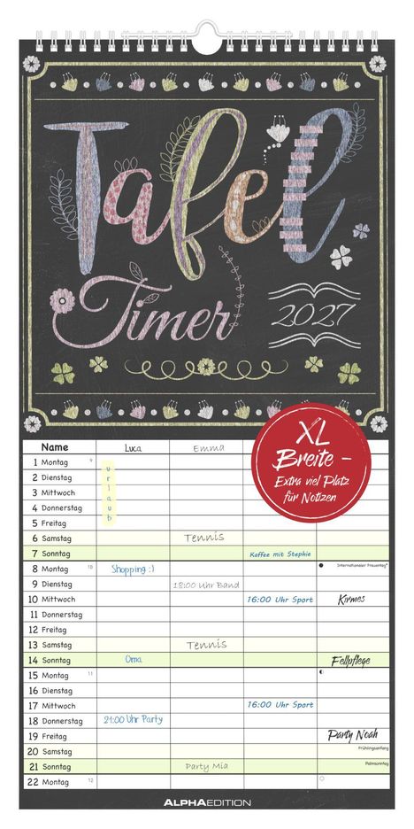 "Tafel Timer 2027"; Tabelle mit monatlichen Tagesplänen; handgeschriebene Termine wie "Shopping :)", "Tennis", "Party Noah".