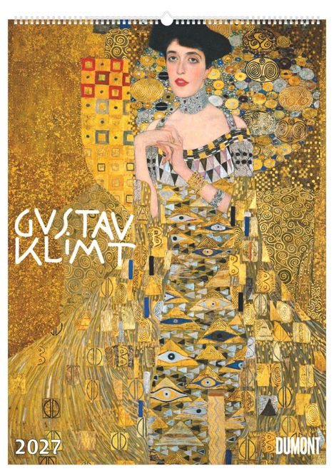Texte: "GUSTAV KLIMT", "2027", "DUMONT". Illustration eines verzierten Porträts einer Frau in goldenen Farbtönen.