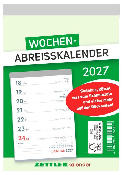 WOCHEN-ABREISSKALENDER 2027. Enthält Sudokus, Rätsel und mehr. Kalenderblatt zeigt die Woche ab dem 18. Januar.