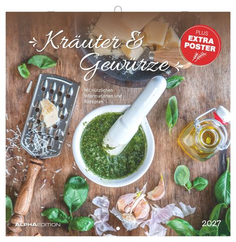 "Kräuter & Gewürze", "Mit nützlichen Informationen und Rezepten", "Plus Extra Poster". Mörser, Käse, Basilikum, Öl.