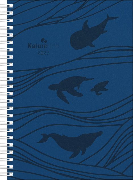 Text: "NatureLine 2027".  
Illustration: Silhouetten von Meerestieren auf blauem Hintergrund mit wellenförmigen Linien.
