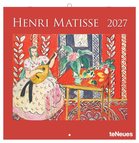 „Henri Matisse 2027“ oben. Eine bunte Illustration: Frau mit Gitarre, Blumen, rote und blaue Musterhintergründe.