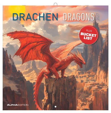 „DRACHEN DRAGONS 2027“ und „PLUS BUCKET LIST“. Eine Illustration eines roten Drachens auf einem Felsen in einer Berglandschaft.