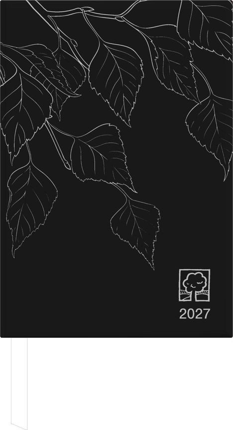Logo mit Baum und Zahl "2027", weiße Blätter und Äste auf schwarzem Hintergrund.