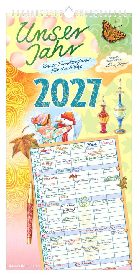"Unser Jahr 2027" steht groß geschrieben. Ein bunter Familienkalender mit Illustrationen, u.a. von einem Kind und einem Schneemann.