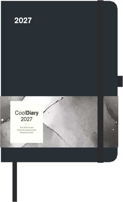 Text: "2027", "CoolDiary 2027", "One week-to-view Perfect for personal notes Keepsake pocket". Schwarzes Tagebuch mit Gummiband.