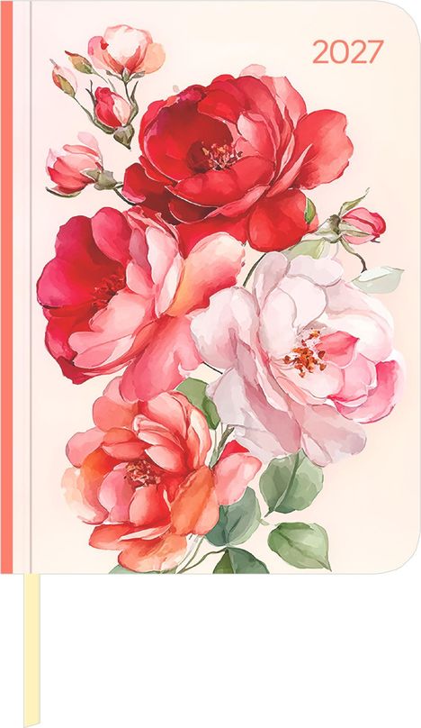 Text: "2027". Illustration von Rosen in Rot-, Rosa- und Weißtönen mit grünen Blättern.