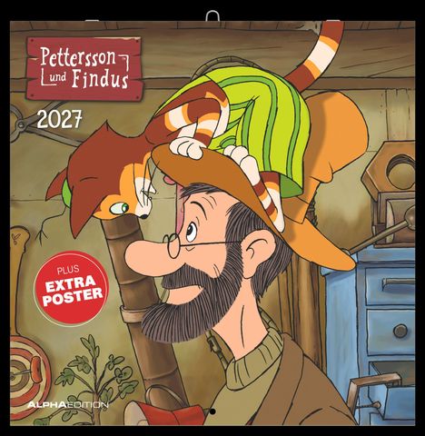 „Pettersson und Findus 2027“, „PLUS EXTRA POSTER“. Illustration: Katze auf einem Mann mit Hut.