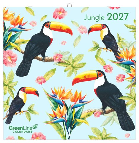 "Jungle 2027" ist oben rechts, darunter bunte Tukane, Blüten und Blätter auf hellblauem Hintergrund.