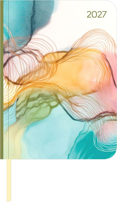 Text "2027" in der oberen Ecke, abstrakte Illustration mit fließenden Linien und Farben in Blau, Grün und Orange.