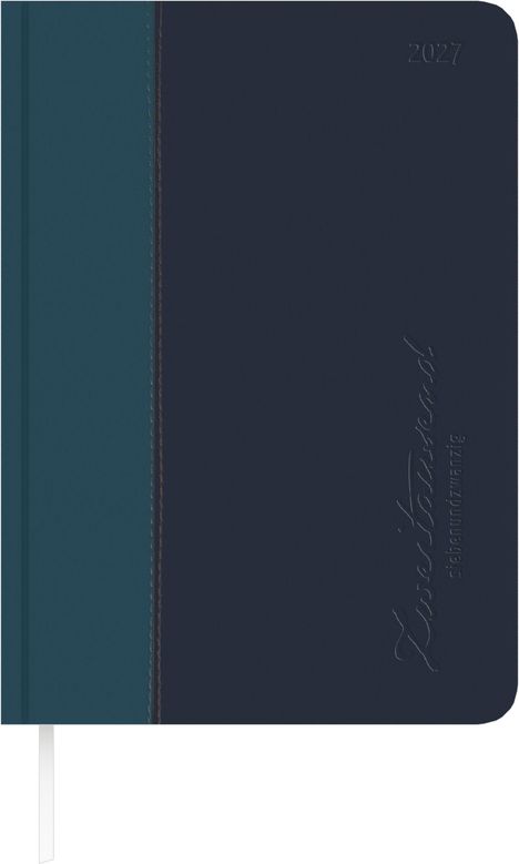 2027. Zweitausend siebenundzwanzig. Dunkle, elegante Notizbuchabdeckung mit einer weißen Schlaufe unten.