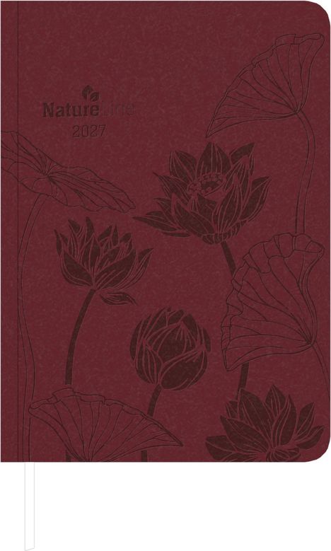 "Nature Line 2027." Braunes Buchcover mit geprägten Lotusblumen und Blättern.
