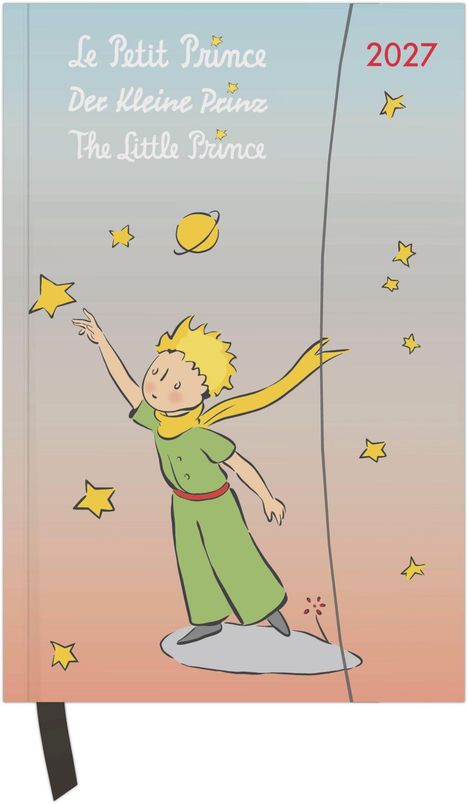 „Le Petit Prince“, „Der Kleine Prinz“, „The Little Prince“, „2027“. Illustration eines kleinen blondhaarigen Jungen mit Schal und Sternen.