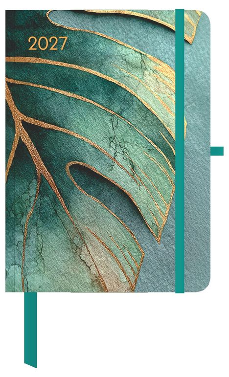 „2027“ in goldener Schrift. Illustration eines großen grünen Blattes mit goldenen Adern, türkisfarbene Bänder.