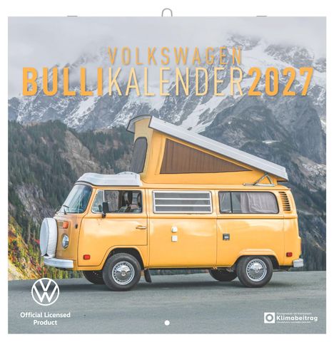 "VOLKSWAGEN BULLIKALENDER 2027" in großen Buchstaben. Ein gelber VW-Bus vor einem bergigen Hintergrund.
