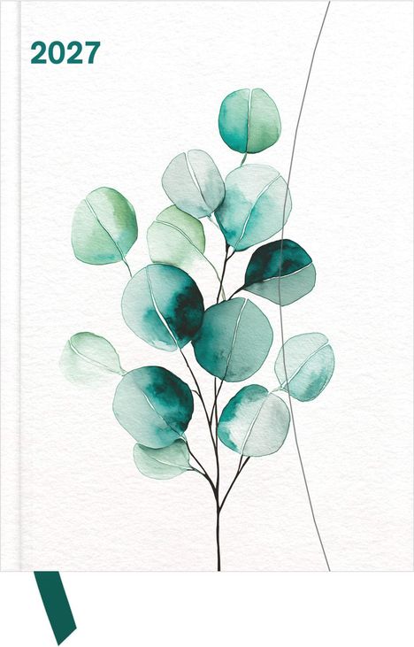 "2027" oben links. Darstellung eines Zweigs mit grünen, aquarellierten Blättern.