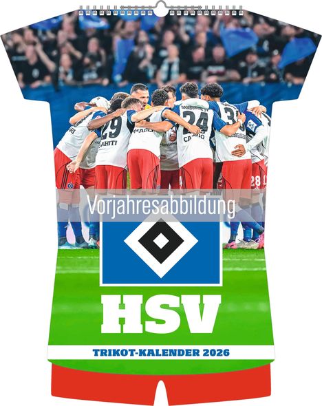 Vorjahresabbildung. HSV, Trikot-Kalender 2026. Fußballmannschaft umarmt sich im Stadion, HSV-Logo prominent im Vordergrund.