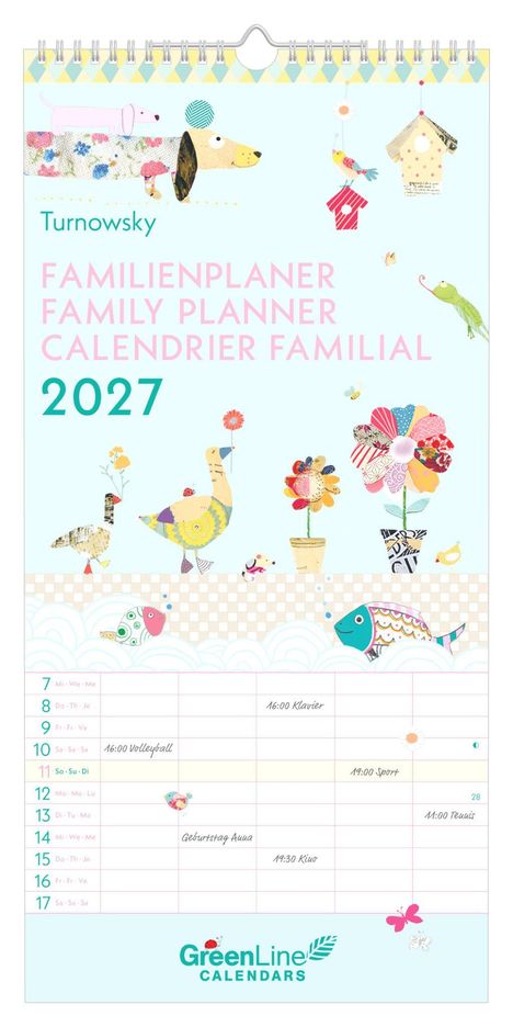 Kalender mit dem Text "FAMILIENPLANER 2027". Bunte Tiere und Blumen verziert. Enthält Tagesplanung. Logo: "GreenLine CALENDARS".