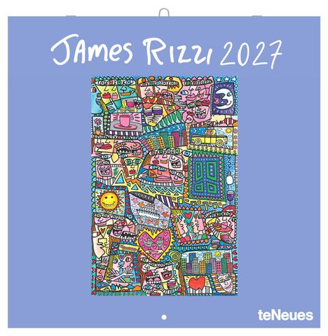 „James Rizzi 2027“ oben. Eine bunte, abstrakte Illustration mit Gesichtern, Gebäuden und Herzen.