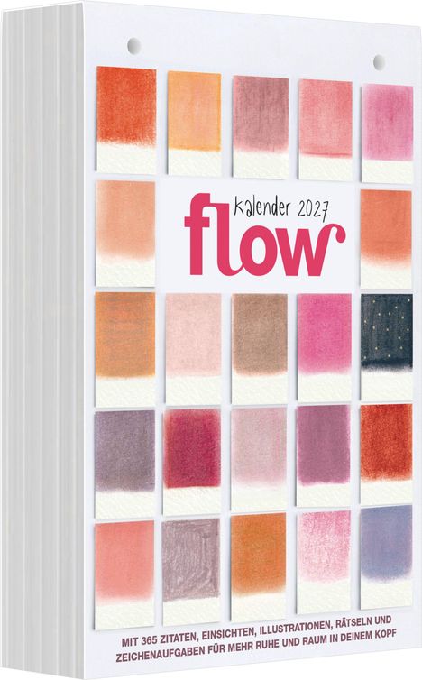 "Kalender 2027 flow" oben, unten: "365 Zitate, Einsichten, Illustrationen, Rätseln... Ruhe in deinem Kopf". Farbfelder-Muster.