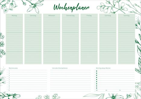 „Wochenplaner“ in grüner Schrift; sieben Spalten für Wochentage, Blumenmotive umrahmen das Design.
