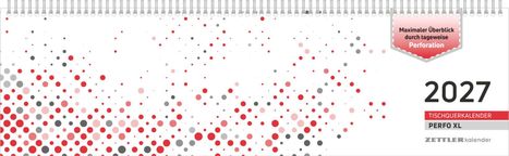 "Maximaler Überblick durch tageweise Perforation", 2027, Tischquerkalender, Perfo XL, Zettler Kalender. Farbige Punkte.